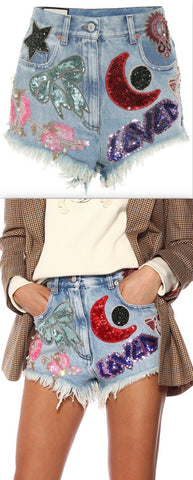 Sequinned Denim Shorts