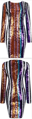 Multi Colored Sequin-Embellished Striped Fitted Mini Dress