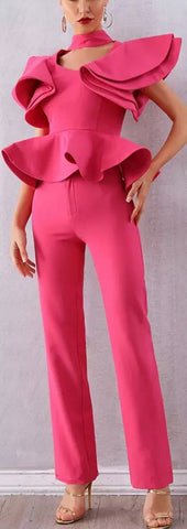 Ruffle Peplum Top and Pant Set, Hot Pink