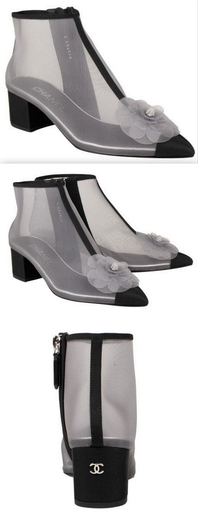 Mesh and Grosgrain Flower Cap Toe Short Boots