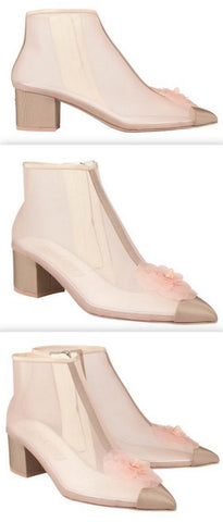 Mesh and Grosgrain Flower Cap Toe Short Boots, Pink | DESIGNER INSPIRED FASHIONS