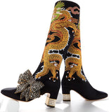 Dragon Satin Mid-Heel Knee Boot, Black