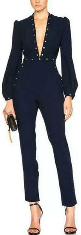 'Esplanade' Rivet Jumpsuit in Dark Blue - DESIGNER INSPIRED FASHIONS