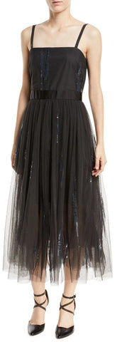 Paillette-Embroidered Dress w/ Tulle Skirt