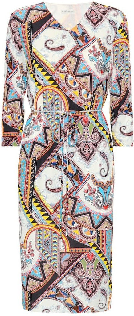 Paisley Printed Jersey Silk V-Neck Dress