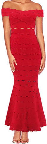 Off-the-Shoulder Scalloped Stretch Gown- Red or Light Blue