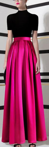 Black Knit Tee & Long Pleated Maxi Skirt in Pink - DESIGNER INSPIRED FASHIONS