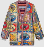 Tiger Cards Print Reversible Knit Stripe Cardigan Sweater