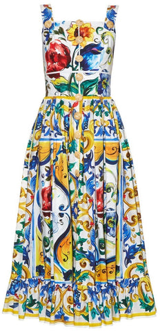 'Majolica' Print Multicolor Frilled-Hem Dress - DESIGNER INSPIRED FASHIONS