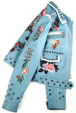 Blue Embroidered Studded Leather Jacket