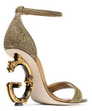 Metallic Glitter Sandals with Letter Heels