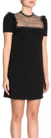 Black Embellished Tulle-Paneled Mini Dress