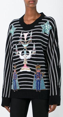 Embellished Stripe Knit Sweater in Black - DESIGNER INSPIRED FASHIONS