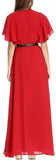 Flutter-Sleeve Long Gown with Tie-Neck Collar, Red
