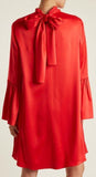 Pleat-Side Tie-Neck Satin Mini Dress, Red