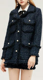 Frayed Tweed Jacket with Faux-Pearl Embellishments, Blue