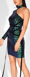 Sequin-Embellished One-Sleeve Mini Dress