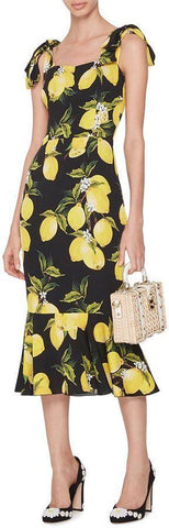 Lemon Print Fluted Hem-Dress