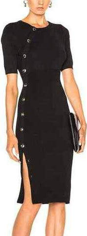 Black Button-Embellished Fitted Dress