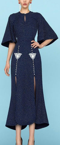 Embroidered Polka Dot Flared-Sleeve Split-Hem Long Dress - DESIGNER INSPIRED FASHIONS