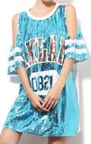 Sequin Embellished Open-Shoulder T-Shirt in Blue - DESIGNER INSPIRED FASHIONS