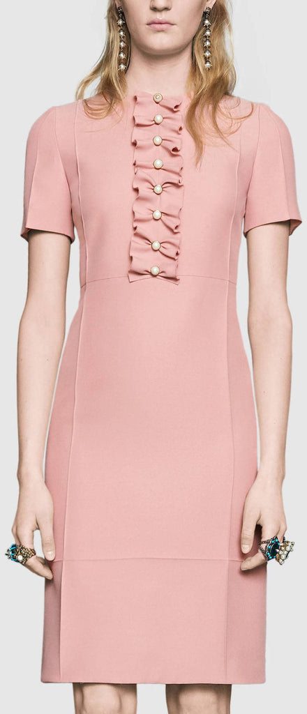 Ruffle & Pearl Button Embellished Short Silk Dress in Pink or Red - DESIGNER INSPIRED FASHIONS
