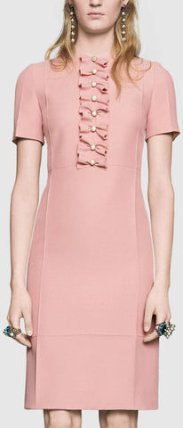 Ruffle & Pearl Button Embellished Short Silk Dress in Pink or Red - DESIGNER INSPIRED FASHIONS