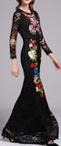 Long Black Floral Embroidered Lace Dress - DESIGNER INSPIRED FASHIONS