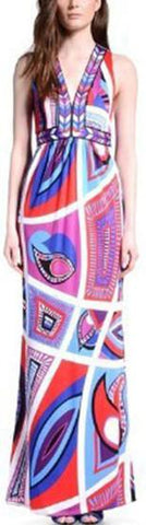 Geometric Print Long Jersey Silk Halter Dress - DESIGNER INSPIRED FASHIONS