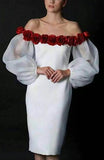 Floral-Applique Off-Shoulder Dress - White