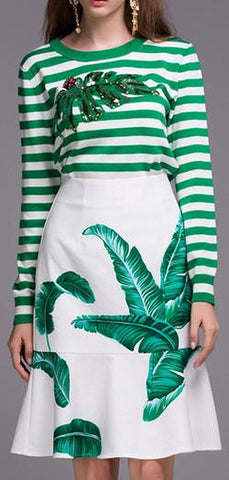 Banana Leaf Embellished Stripe Knit Sweater & Banana Leaf Printed Skirt Set - DESIGNER INSPIRED FASHIONS