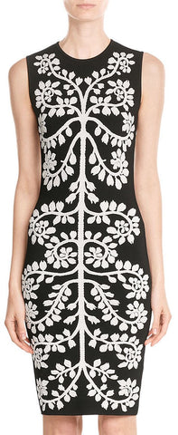 Floral Embroidered Intarsia Dress-Black
