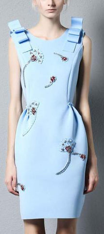 Embellished Ribbon-Shoulder Dress in Light Blue or Black - DESIGNER INSPIRED FASHIONS