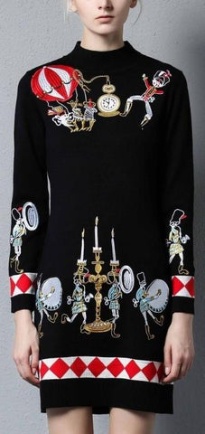 Embroidered Knit Sweater Dress in Black - DESIGNER INSPIRED FASHIONS