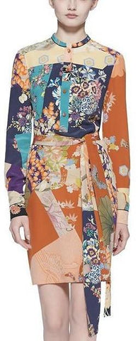 Multicolored Patch Print Silk Shirt Dress - DESIGNER INSPIRED FASHIONS