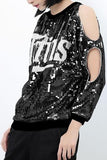 Sequin Embellished Cold-Shoulder Sweatshirt in Black or Silver - DESIGNER INSPIRED FASHIONS