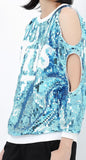 Sequin Embellished Cold-Shoulder Sweatshirt in Blue - DESIGNER INSPIRED FASHIONS