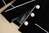 Black Velvet Crystal Button Embellished Blazer with Matching Cropped Pants - DESIGNER INSPIRED FASHIONS