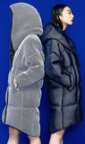 Honeycomb Textured Large-Hooded Thick White-Duck-Down Coat in White or Blue - DESIGNER INSPIRED FASHIONS