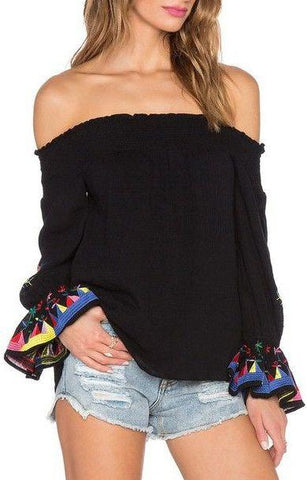 Black Embroidered-Sleeve Off-Shoulder Top - DESIGNER INSPIRED FASHIONS