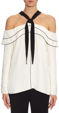 Off-the-shoulder Pussy-Bow Blouse in White - DESIGNER INSPIRED FASHIONS