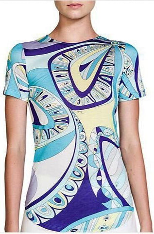 Blue Floral Print Jersey Silk Tee - DESIGNER INSPIRED FASHIONS