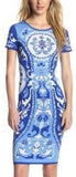 Blue Printed Jersey Silk Sheath Dress - DESIGNER INSPIRED FASHIONS