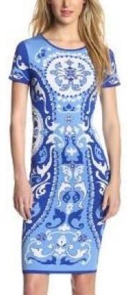 Blue Printed Jersey Silk Sheath Dress - DESIGNER INSPIRED FASHIONS