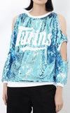 Sequin Embellished Cold-Shoulder Sweatshirt in Blue - DESIGNER INSPIRED FASHIONS
