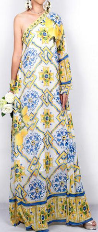 Long Tile Printed Satin One-Sleeve Maxi Dress - DESIGNER INSPIRED FASHIONS