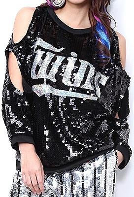 Sequin Embellished Cold-Shoulder Sweatshirt in Black or Silver - DESIGNER INSPIRED FASHIONS