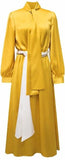 Satin Long Sleeve Dress with Tie and Color-Contrast Sash Belt