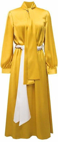 Satin Long Sleeve Dress with Tie and Color-Contrast Sash Belt