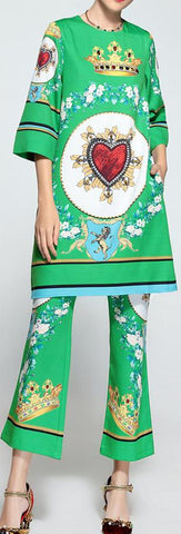 Heart & Crown Print Top & Cropped Pant Set